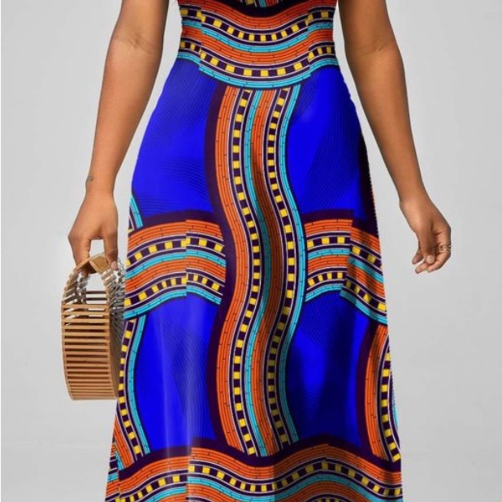 Tribal Print Cage Neck Royal Blue Maxi Dress-XL